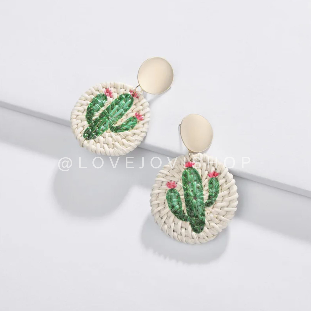 Earrings | Meeis Cactus Rattan Earrings | Hand-Painted Flirty Vacay Statement - Picture 2 of 3